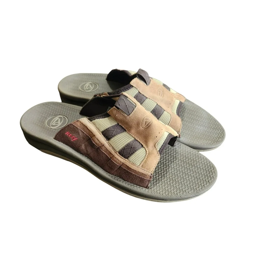 Reef Slide Sandals Mens 13 Brown Leather Upper Rubber Outsole Casyal Beach